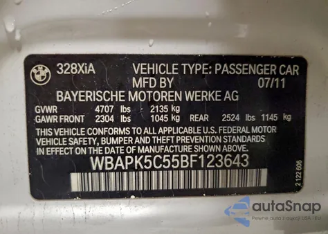2011 BMW 328 Xi Sulev from USA, damaged, VIN WBAPK5C55BF123643